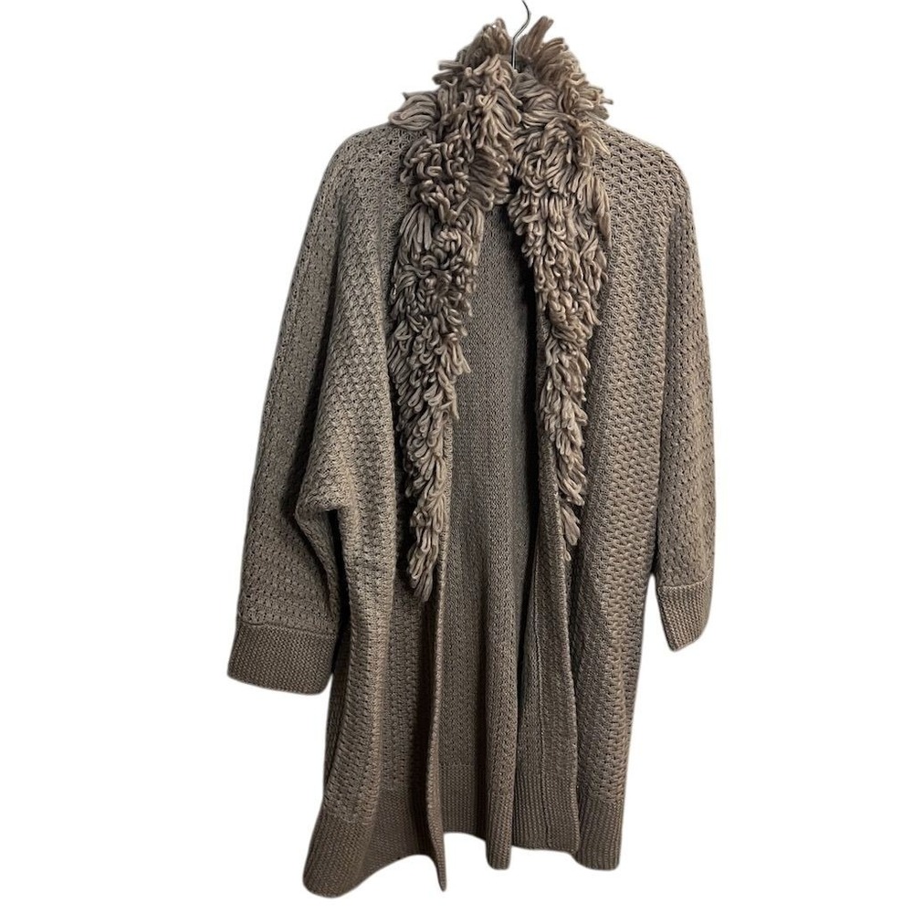 Chico's Tan Long Cardigan Sweater Size US 16 Casual Fringe Collar Wool Blend